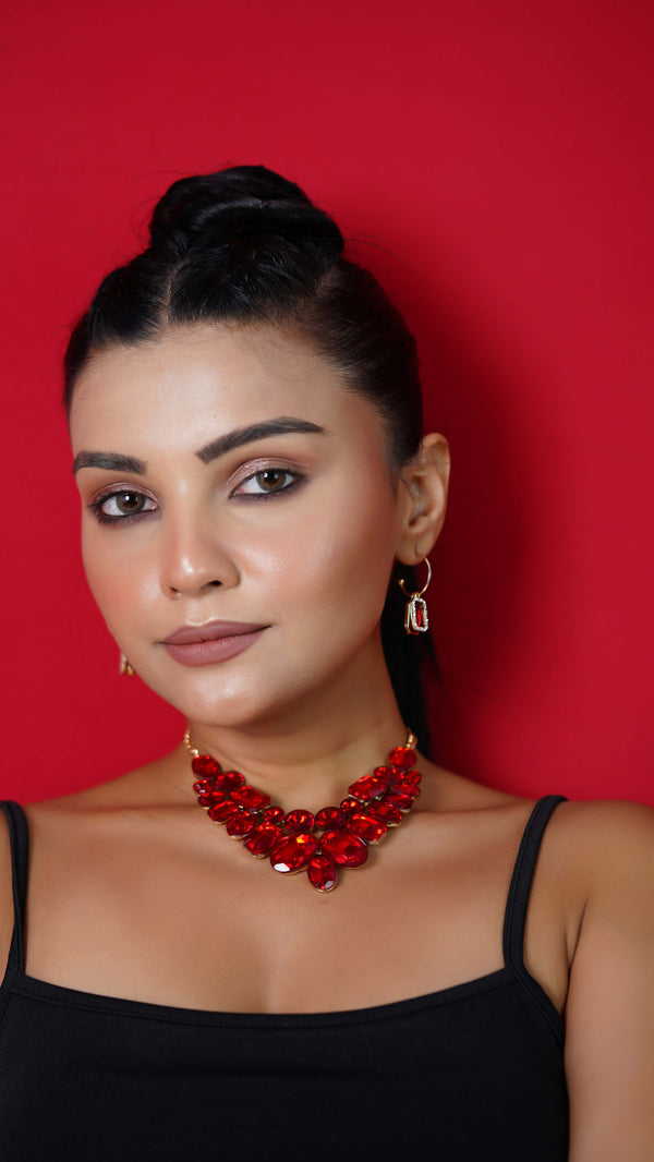 Ruby Red Statement Necklace and Earrings Set