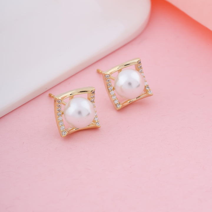 Pearl and Diamond Square Stud Earrings