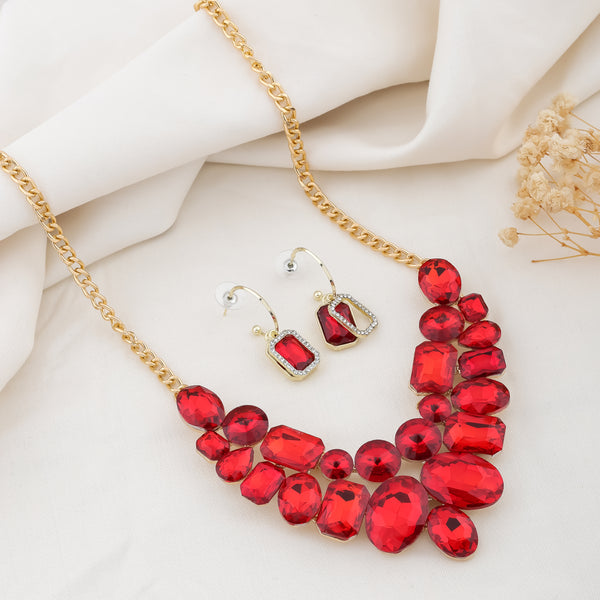 Ruby Red Statement Necklace and Earrings Set